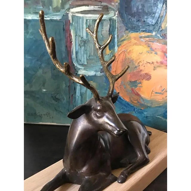 Large Vintage Bronze Sculpture of a Sitting Deer, France, 1975 For Sale - Image 3 of 6