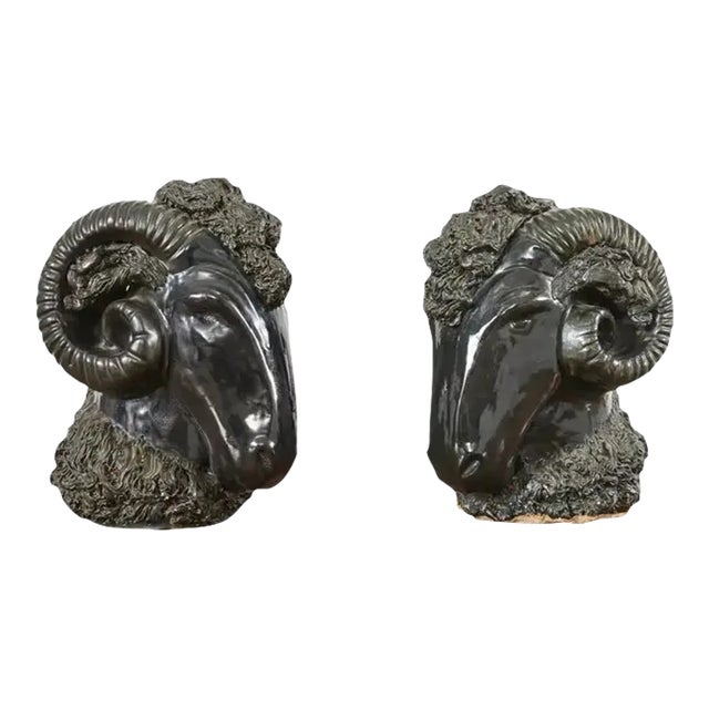 Pair of Neoclassical Style Jade Rams Head Pottery Sculptures For Sale