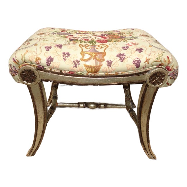 Vintage French Country Floral Vanity Bench W Silver Gilt Base #1 For Sale