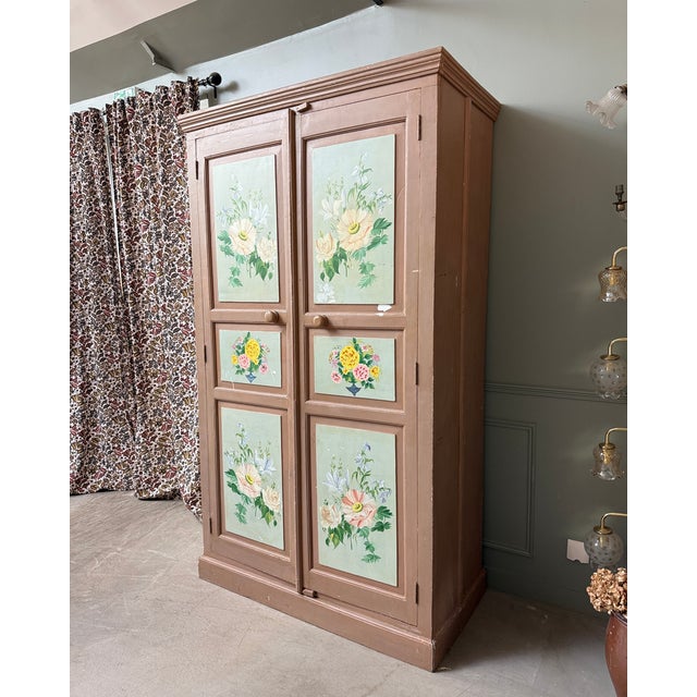 Large Antique Wardrobe with Floral Painted Decoration, 1890s For Sale - Image 4 of 11