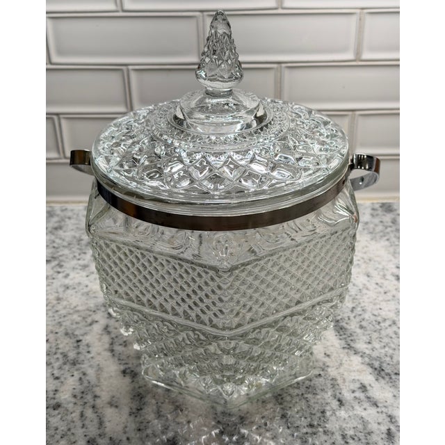 Elegant vintage Anchor Hocking Wexford ice bucket featuring beautifully textured clear pressed glass in the iconic diamond...
