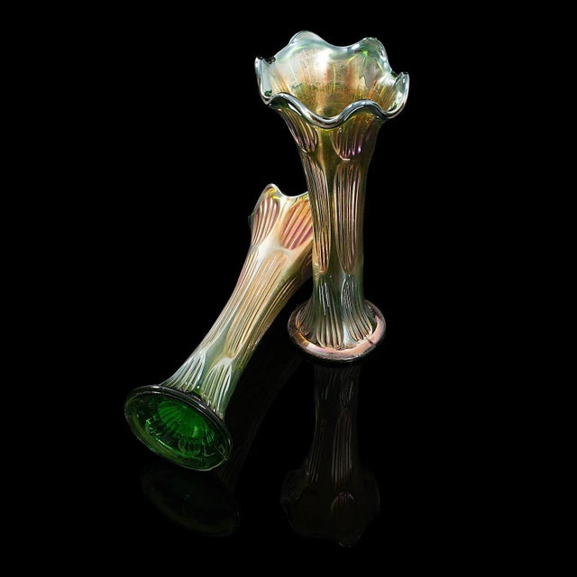 Circa 1930 Vintage English Carnival Glass Decorative Flower Vases - A Pair For Sale - Image 11 of 13