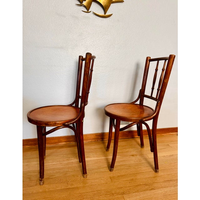 Pair Antique J & J Kohn Mundus Model 337 Bentwood Cafe Chairs Iris Marquetry Seats For Sale - Image 6 of 17