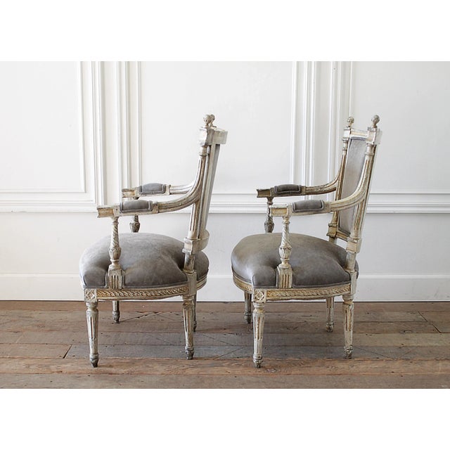 French 19th Century Painted and Upholstered Louis XVI Style Open Arm Fauteuils - a Pair For Sale - Image 3 of 13