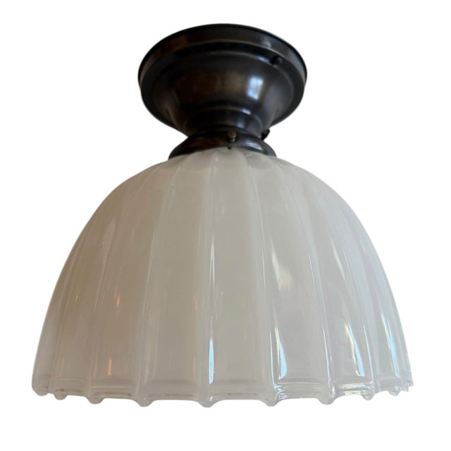 Art Nouveau Antique Moonstone Glass Fluted Flushmount Ceiling Light Fixture For Sale - Image 3 of 7