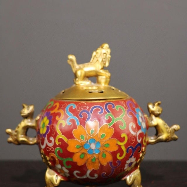 Traditional Vintage Cloisonne Enamel Incense Burner – 6.1" Gilt Lion Censer With Floral Motif For Sale - Image 3 of 9