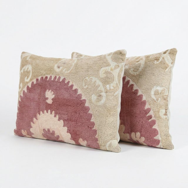 Mid-Century Modern Hand Embroidered Suzani Lumbar Pillow Cover 14'' X 22'' - Set of Two For Sale - Image 3 of 4