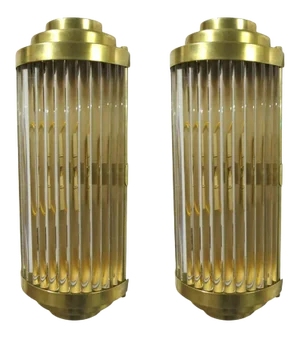 Pair of Italian Sconces in Clear Crystal W/ Bar Tubes, Mounted on Polished Brass Frames / Made in Italy