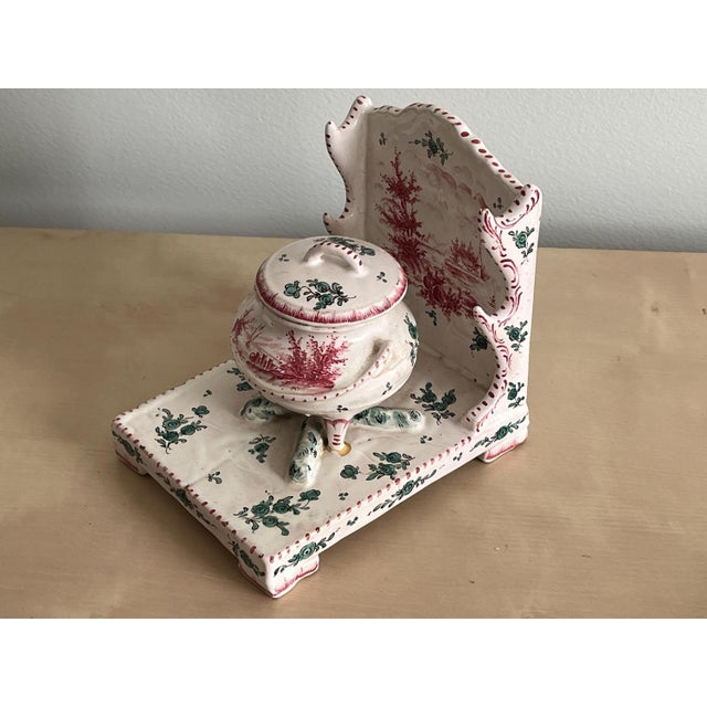 This unique antique inkwell is a beautiful piece of French Faience pottery, made by the renowned Sceaux pottery workshop....