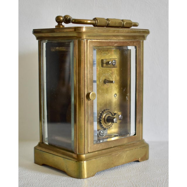 Brass Corniche Carriage Clock Antique French Beveled Glass Mechanical For Sale - Image 11 of 15