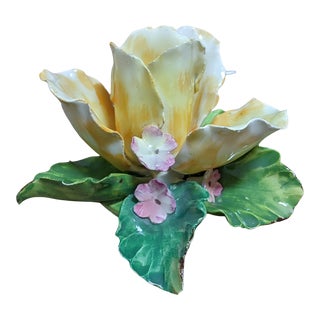 Vintage Italian Capodimonte Yellow Rose Ceramic Candle Holder For Sale