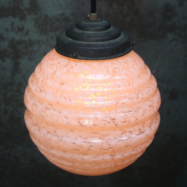 French Pink Reeded Clichy Glass Pendant Lamp For Sale - Image 6 of 8