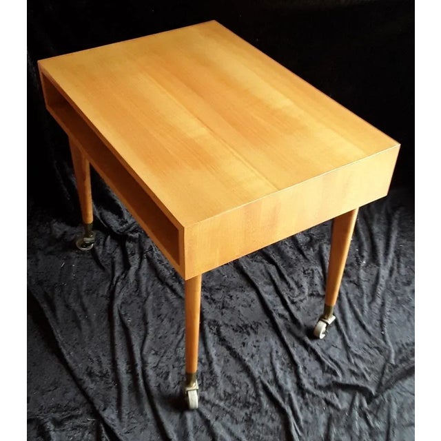 Vintage German Cherry Tree Side Table with Newspaper Filing Compartment with Gray Plastic Rolls in Brass Shoes by Wilhelm Renz, 1970s For Sale - Image 6 of 9