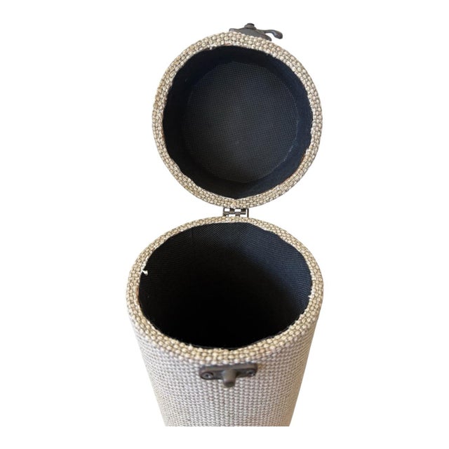 Late 20th Century Rustic Wine Bottle Case With Woven Fabric & Brown Stitched Trim, Cylindrical Wine Gift Box, Metal Ring Handle For Sale In Indianapolis - Image 6 of 11