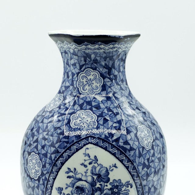 Ceramic Blue Vase with Floral Design by Franz Anton Mehlem, 19th Century For Sale - Image 4 of 5