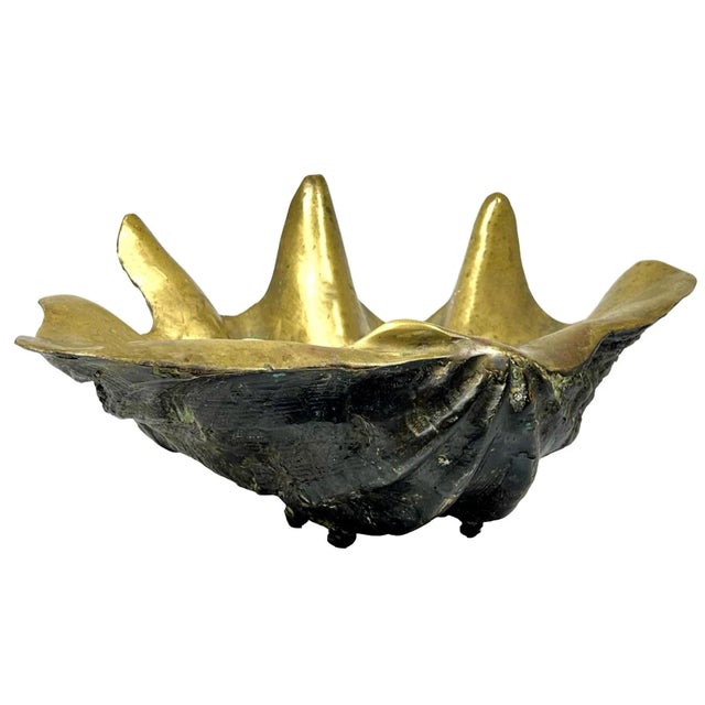 This is a monumental Italian bronze clam shell sculpture. When The interior is a polished gilded bronze with some age...