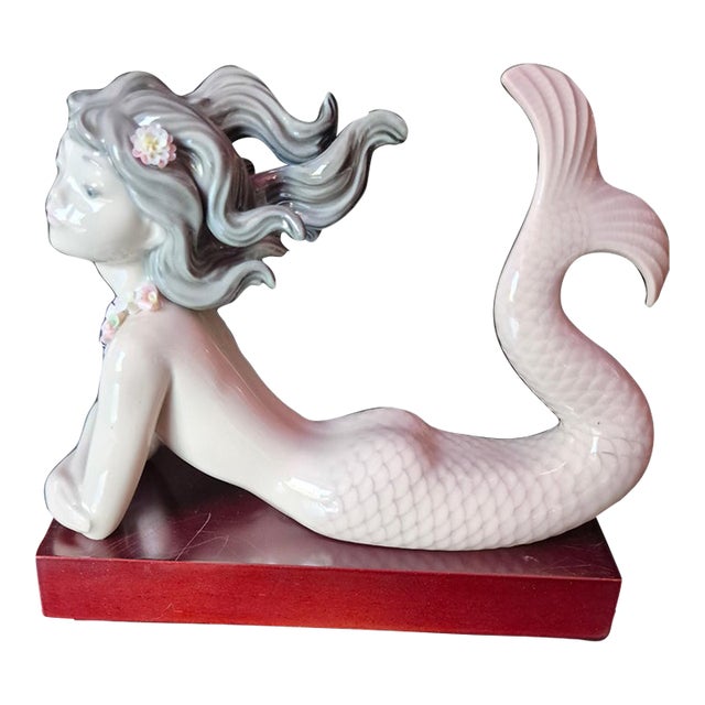 Vintage 1980s Lladró "Fantasy" Porcelain Mermaid Figurine With Wooden Base - No. 1414 (Jg) For Sale