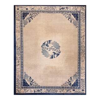 Sublime Tan-Taupe Background Color in Asymmetric Medallion/Crest Pattern Antique Chinese Peking Rug For Sale