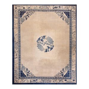 Sublime Tan-Taupe Background Color in Asymmetric Medallion/Crest Pattern Antique Chinese Peking Rug