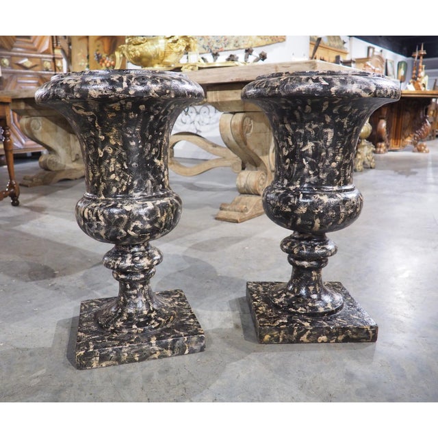 Pair of Decorative Faux Portoro Marble Wooden Campana Vases From Italy For Sale - Image 4 of 18