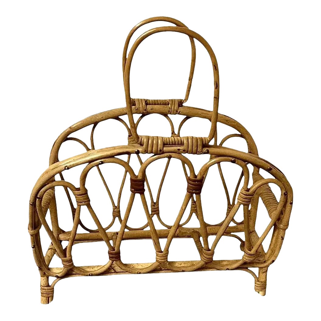 1970s Mid-Century Rattan & Bamboo Magazine Rack - Sculptural Honey Tone ...