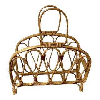 1970s Mid-Century Rattan & Bamboo Magazine Rack - Sculptural Honey Tone For Sale