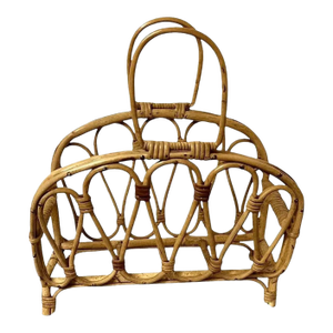 1970s Mid-Century Rattan & Bamboo Magazine Rack - Sculptural Honey Tone