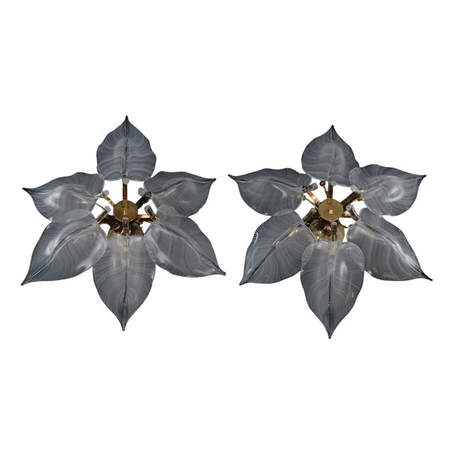 Large Murano Glass Leaf Flush Mounts from Franco Luce, 1970s, Set of 2 For Sale
