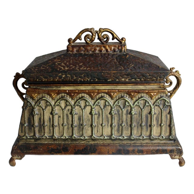 Vintage Gothic Revival Lidded Box With Ornate Embossed Detailing For Sale