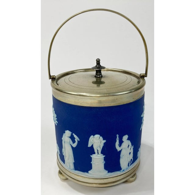 Early 20th Century Vintage Wedgwood Jasperware Cobalt and Silver Plate Biscuit Jar For Sale - Image 5 of 11