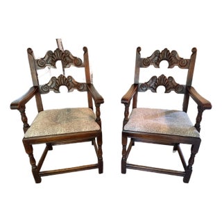 Early 20th Century Early Kittinger Carved Oak Jacobean Style Bergere Chairs- a Pair For Sale