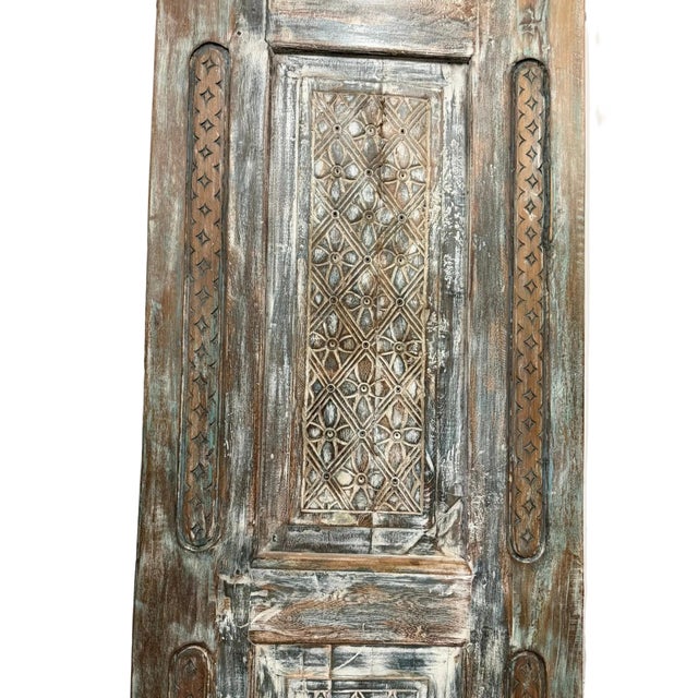 Mid-Century Modern Vintage Hand-Carved Wooden Door | Rustic Farmhouse Hinged or Barn Door 96x30 For Sale - Image 3 of 6