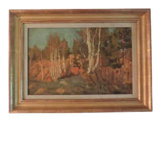 1917 Russian Autumn Landscape of a Birch Tree Forest Oil Painting on Board For Sale