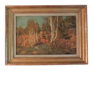 1917 Russian Autumn Landscape of a Birch Tree Forest Oil Painting on Board