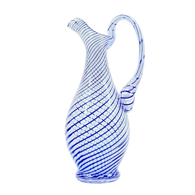 Blue Mid-Century Murano Art Glass Mezza Filigrana Pitcher, Italy, 1960s For Sale - Image 8 of 8