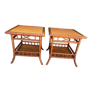 1990s Vintage Pair of Burnt Bamboo Side Tables From Bloomingdale’s For Sale