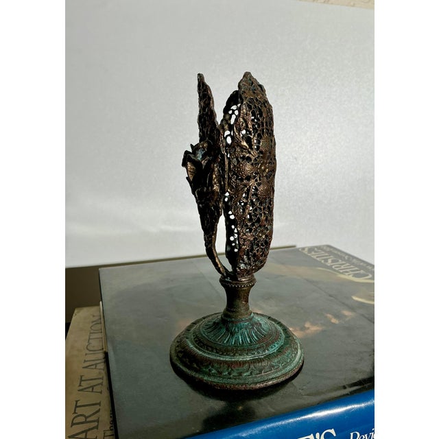 Vintage Art Nouveau Openwork Bronze-Finished Metal Pillar Candleholder W Organic Floral Relief For Sale In Los Angeles - Image 6 of 11