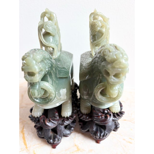 Asian 2 Antique Chinese Dragon Celadon Jade Vessels Custom Stands Qing Republic Era For Sale - Image 3 of 12
