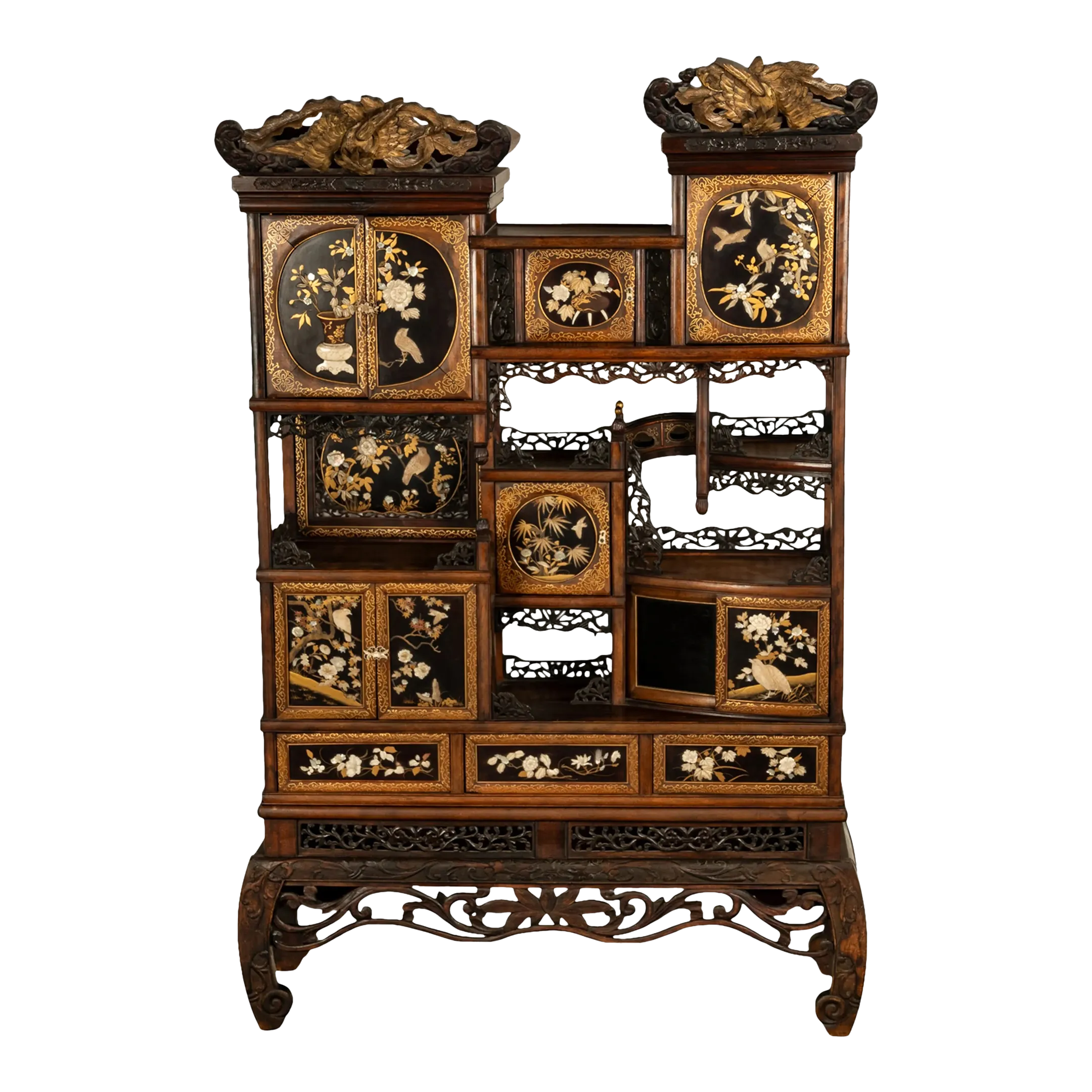 Antique Japanese Lacquer Inlaid Hardwood Meiji Period Shibayama