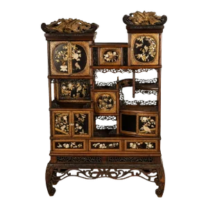 Antique Japanese Lacquer Inlaid Hardwood Meiji Period Shibayama Shodana Cabinet