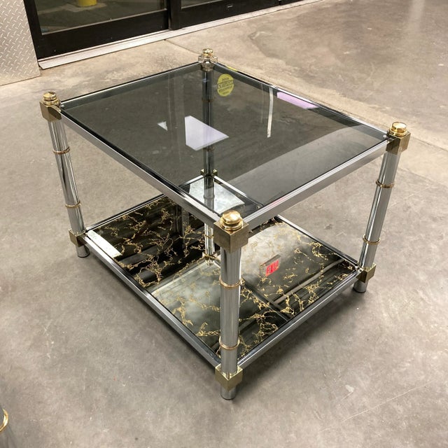 Mid-Century Modern 1980s Mid-Century Modern Chrome & Brass Tiered Glass End Table For Sale - Image 3 of 13