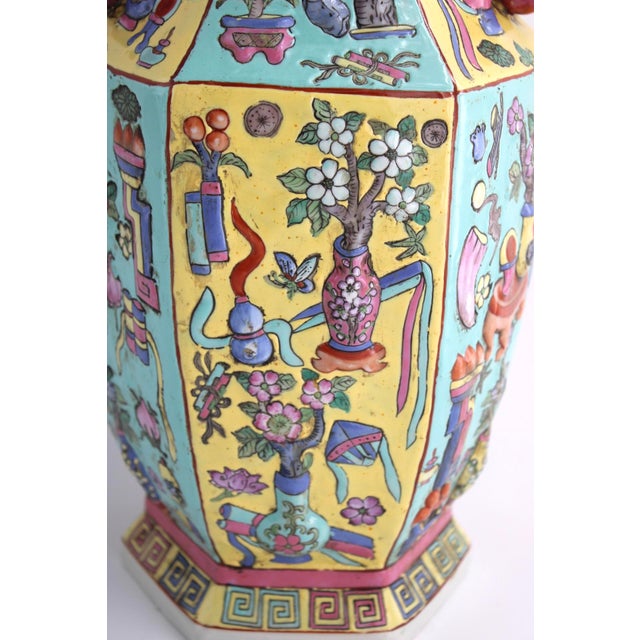 Ceramic Antique Chinese Porcelain Hexagonal Vase, Famille Juane "Hundred Treasures" Rare For Sale - Image 7 of 18