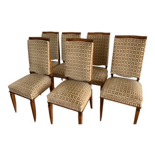 1930s French Art Deco Chestnut Wood & Silk Dining Chairs - Set of 6 For Sale