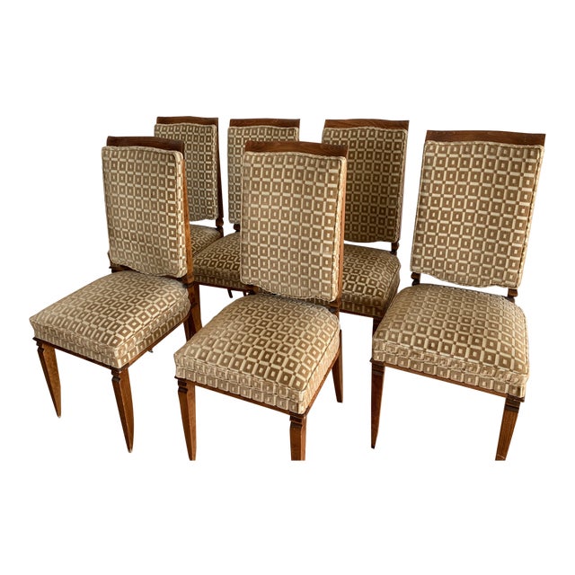 1930s French Art Deco Chestnut Wood & Silk Dining Chairs - Set of 6 For Sale