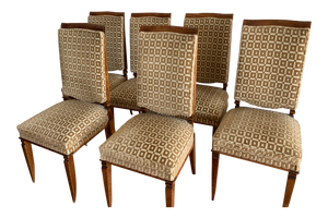 1930s French Art Deco Chestnut Wood & Silk Dining Chairs - Set of 6