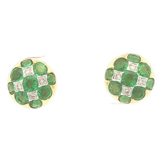 Diamond and Emerald Checkerboard Stud Earrings, A Pair For Sale