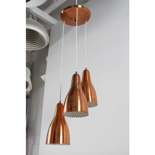 Lyfa Bent Karlby 3-Cone Copper Chandelier with Canopy from Lyfa, Denmark, 1950s For Sale - Image 4 of 18