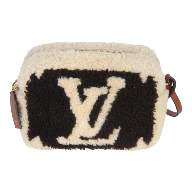 Brown Beige Monogram Teddy Fleece Beach Pouch For Sale