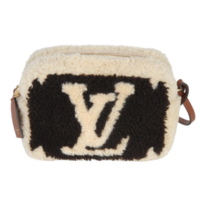 Brown Beige Monogram Teddy Fleece Beach Pouch