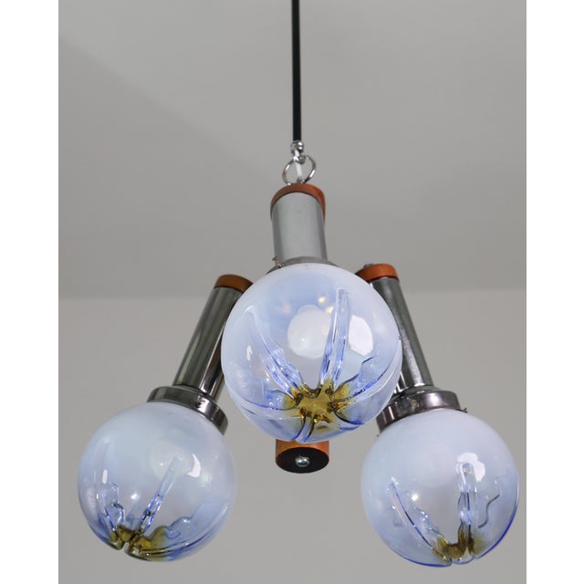 Glass 1970s Italian Midcentury 3 Light Turquoise Blu Murano Glass Chandelier by Mazzega For Sale - Image 7 of 15